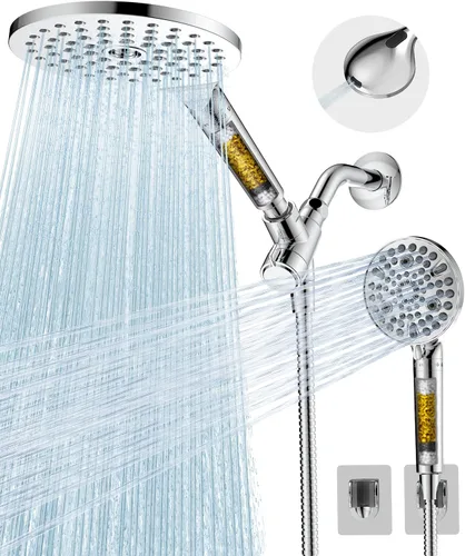 MakeFit Combo de cabezales de ducha con doble filtro, cabezal de ducha de lluvia de alta presión con rociador de mano con lavado a presión Cromo de