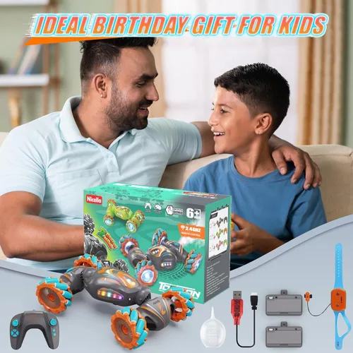 Miniatura 8 de Nicella Coche de control remoto, autos de control remoto rosa para niñas, acrobacias de gestos con luz y música, 4 WD, rotación de 360°, juguetes