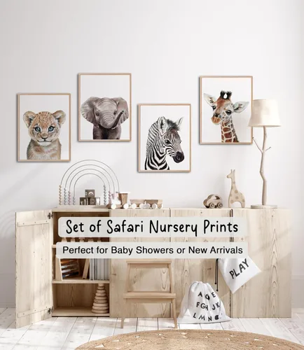Miniatura 7 de KIU DESIGNS - Juego de 4 arte de pared para guardería de safari, estampado de animales de la selva para guardería, elefante león, jirafa, cebra, sin