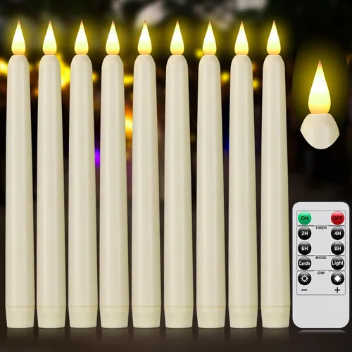 Miniatura 16 de Velas cónicas sin llama con control remoto y temporizador, candeleros LED que funcionan con baterías con llama 3D parpadeante, velas falsas