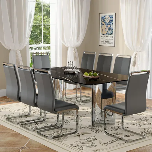 Miniatura 13 de Moderno juego de mesa de comedor para 6, 7 piezas, mesa rectangular de mármol sintético de 71 pulgadas con base de acero inoxidable plateado