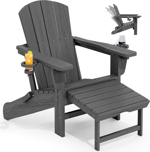 Miniatura 36 de KINGYES Silla Adirondack plegable ajustable con otomana retráctil, silla reclinable Adirondack de polietileno de alta densidad con soporte