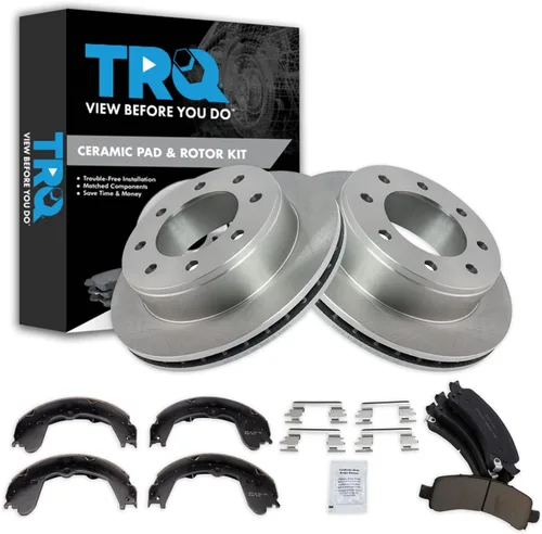Miniatura 160 de TRQ Kit de pastillas de freno y rotor Posi trasero premium con zapatas de estacionamiento para camión GM SUV