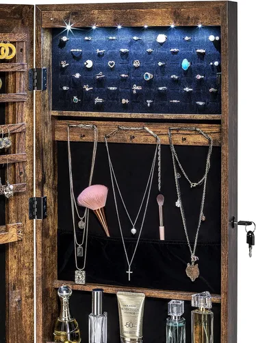 Miniatura 2 de YOKUKINA Armario de espejo de joyería, organizador de almacenamiento grande con luz LED, armario con cerradura para colgar en la puerta o montar
