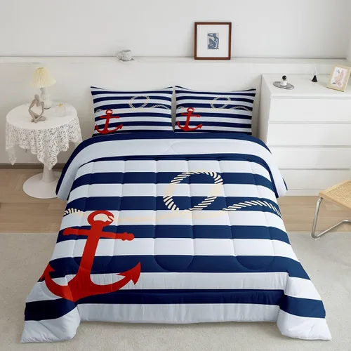 Miniatura 6 de Manfei Juego de edredón con ancla náutica para niños tamaño Twin, juego de ropa de cama con cuerda de cáñamo de rayas azules y blancas para niños