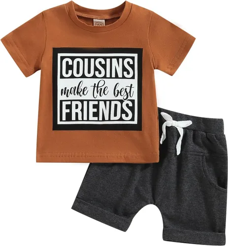 Miniatura 75 de Conjunto de traje de verano para bebé niño pequeño, manga corta, cuello redondo, letras impresas, lindo traje de verano, conjunto de 2 piezas