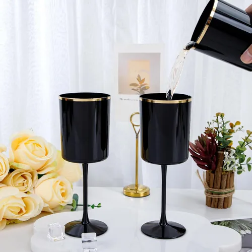 Miniatura 5 de Ciaell Paquete de 12 copas de vino de plástico negro de 10 onzas con tallo – Copas de vino desechables negras y doradas, perfectas para fiestas