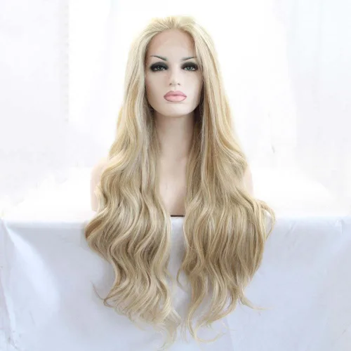 Miniatura 8 de 1001 #Color sintético rubio blanco encaje frente pelucas para mujeres pelo rubio platino largo cuerpo onda peluca resistente al calor fibra larga