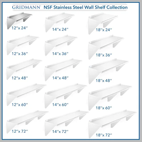 Miniatura 7 de GRIDMANN Estante de montaje en pared de acero inoxidable de 12 x 24 pulgadas con protector contra salpicaduras, grado comercial, estantería