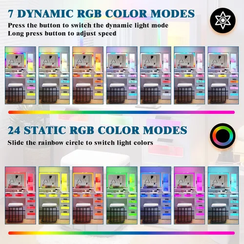 Miniatura 4 de HNEBC - Mesa de tocador RGB con espejo y luces, mesa de maquillaje con espejo LED y estación de carga USB/inalámbrica, juegos de mesa de tocador