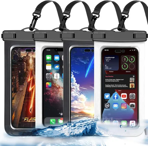 Miniatura 10 de Bolsa impermeable para teléfono, paquete de 2 fundas impermeables para teléfono blanco y negro, bolsa seca para teléfono celular, nivel