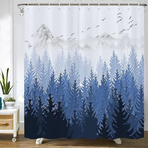 SPXUBZ - Cortina de ducha azul con diseño de bosque, invierno navideño, montaña con niebla, naturaleza, impermeable, decoración de baño, tela de
