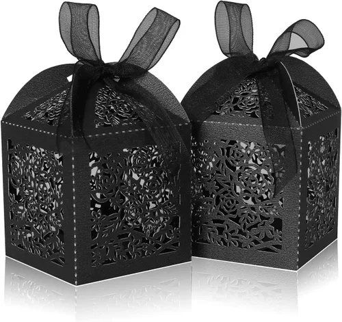 50 cajas de recuerdo cortadas con láser, cajas de dulces para recuerdos de boda con cintas y etiquetas, pequeñas cajas de regalo para bodas,