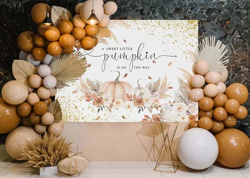 Miniatura 5 de Mocsicka Telón de fondo de calabaza para niñas y niños, decoración de fiesta de baby shower, estilo bohemio, rubor floral, A Little is On The Way