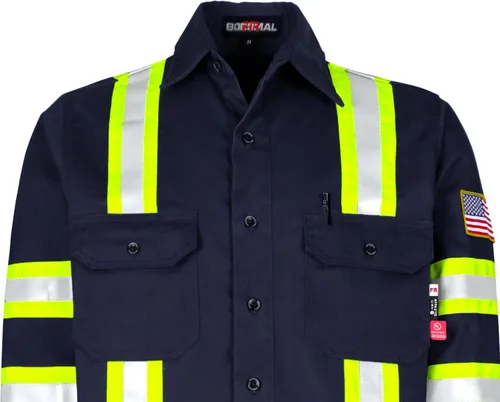 Miniatura 4 de BOCOMAL Camisas FR de alta visibilidad con botones de 7.5 onzas ANSI/ISEA tipo O Class1 resistente al fuego Hi Vis Refective Safety Jacket Azul