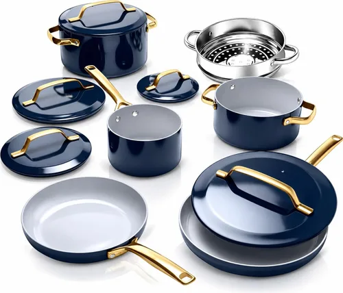 Gotham Steel Moderno juego de utensilios de cocina de cerámica de 11 piezas, elegante juego de ollas y sartenes antiadherentes con vaporizador, Azul