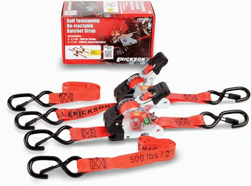 Erickson Correa de trinquete retráctil autotensante de 1 pulgada x 10 pies, resistencia a la rotura de 1500 libras, diseño de tensión automática,