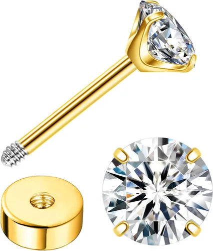 Miniatura 10 de Enticera G23 Aretes de Titanio 5A+Circonita Cúbica Aretes de Botón con Parte Trasera Plana Aretes Hipoalergénicos de Oro 14K Aretes 2-5MM