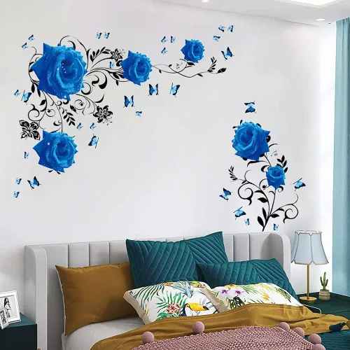 Miniatura 3 de Supzone Calcomanías de pared de rosas azules, diseño de flores y vides, decoración de pared floral de peonía azul, arte mural de vinilo
