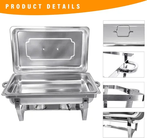 Miniatura 5 de Juego de 2 platos de 8 cuartos de galón para buffet de acero inoxidable, juego completo de calentador de alimentos con bandeja de agua