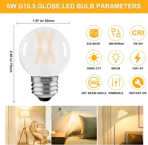 Miniatura 2 de Paquete de 6 bombillas LED G16.5 esmeriladas, foco LED E26 equivalente a 60 W, foco LED regulable G16 1/2 Edison de 6 W 3000 K blanco suave, focos