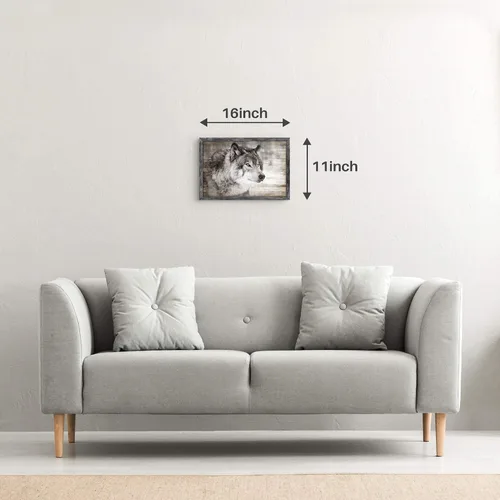 Miniatura 3 de Arte de Pared Enmarcado de Lobo: Pintura Moderna de Animales Salvajes de Madera Rústica Natural Imagen de Vida Silvestre Obra de Arte de Lobo Gris