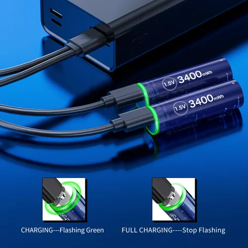 Miniatura 6 de Baterías AA recargables USB 1.5 V AA baterías recargables de litio, 3400 mWh, paquete de 12 baterías de litio AA con cable USB de 1500 ciclos