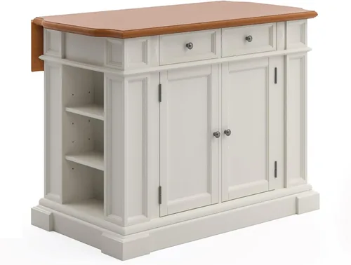 Homestyles Americana - Isla de cocina con parte superior de madera y hoja desplegable, barra de desayuno, almacenamiento con cajones y estantes