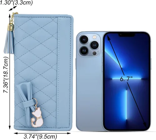 Miniatura 6 de UTO Cartera de piel sintética para mujer, de gran capacidad, colgante de gato, soporte para teléfono, organizador de chequera, con cremallera