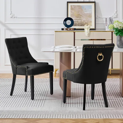 Miniatura 22 de adochr Juego de 2 sillas de comedor de terciopelo, sillas de cocina tapizadas con patas de metal, respaldo abotonado moderno con anillo de tracción