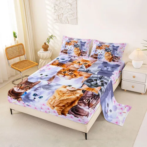 Miniatura 23 de Feelyou Juego de ropa de cama de tamaño individual con diseño de gato colorido para niños, adolescentes y niñas, decoración de habitación de gato