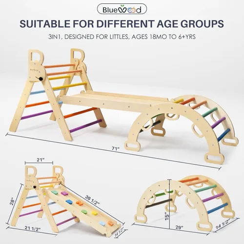 Miniatura 6 de BlueWood Pikler - Juego de triángulos plegables de madera para niños, juguetes de escalada para interiores, parque infantil en la selva, gimnasio