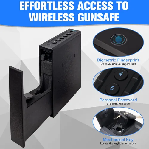 Miniatura 4 de Slider Biometric Pistol Safe 3 maneras de acceso rápido con huella dactilar/teclado/cerradura de llave para mesita de noche cama escritorio