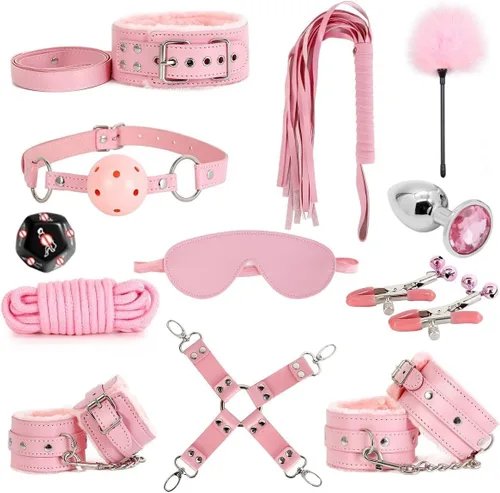 Miniatura 8 de Kits de Restricciones de Bondage Sexual Juguetes BDSM 12 Piezas Esposas Grilletes de Tobillo Tapón Anal Pinzas para Pezones Mordaza de Bola Venda