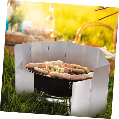 Miniatura 8 de GANAZONO 1pc Barbacoa Parabrisas Protector Protector de salpicaduras al aire libre Parabrisas al aire libre Aleación de aluminio plateado Utensilios