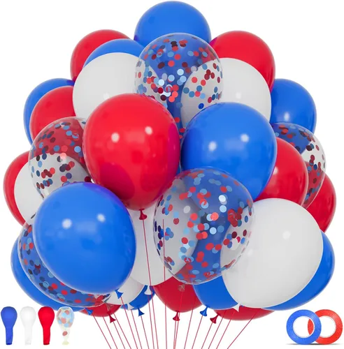 Paquete de 68 globos de látex rojo, blanco y azul, globos patrióticos de 12 pulgadas con confeti, decoraciones de fiesta para el 4 de julio, día de