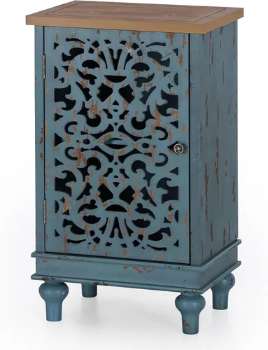 Miniatura 6 de GREEN PARTY Armario de almacenamiento, mesa auxiliar, mesita de noche, mesa de sofá con una sola puerta, patrón floral verde azulado para sala