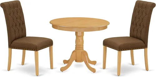 Miniatura 14 de East West Furniture ANBR3-LWH-02 Juego de mesa de comedor de 3 piezas contiene una mesa de comedor redonda con pedestal y 2 sillas tapizadas de tela