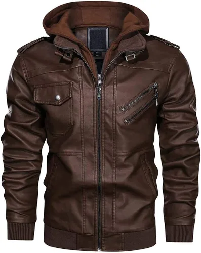 CRYSULLY - Chaqueta de piel para hombre, estilo vintage para otoño e invierno, con capucha extraíble, para motociclistas