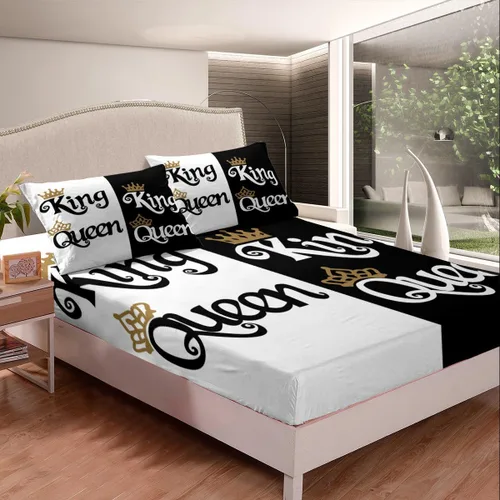 Miniatura 2 de Juego de sábanas de 4 piezas con diseño de corona de dibujos animados, tamaño Queen, King, para parejas, amantes de parejas, adolescentes, mujeres