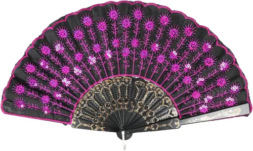 Miniatura 7 de InnoLife Elegante abanico de mano plegable con flores bordadas y patrón de pavo real con lentejuelas en tela artesanal (5 piezas, rojo)