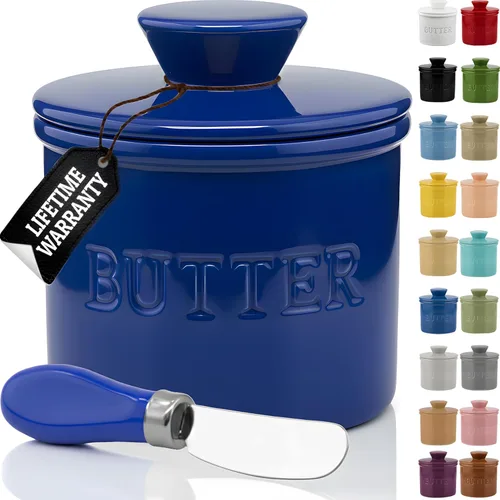 Miniatura 12 de PriorityChef - Mantequera con tapa con línea de agua, plato de mantequilla francesa de cerámica para dejar en la encimera, color caqui