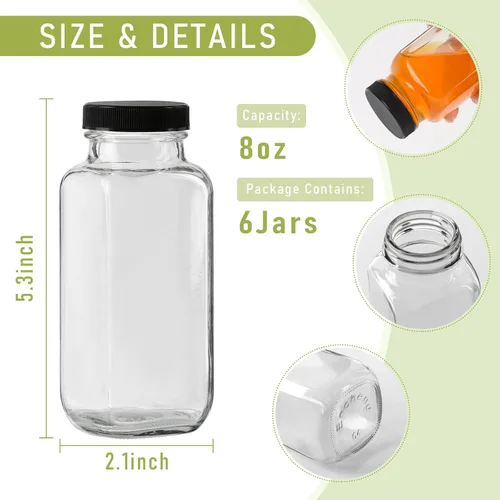 Miniatura 2 de Botellas de vidrio para jugo de 8 onzas con tapas, paquete de 6, botella de agua reutilizable, botellas de jugo para batidos, leche, almacenamiento