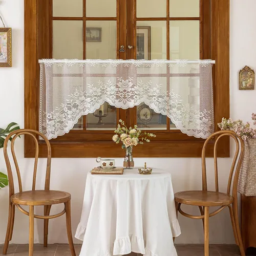 WUBODTI Cortinas de cenefa de encaje para cocina, cenefas de ventana vintage con bordado floral blanco traslúcido, cortinas de gasa de punto hueco