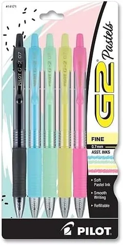 Pilot G2 - Bolígrafo de gel pastel, retráctil, fino de 0.028 in, tinta pastel surtida y colores en barril, paquete de 5