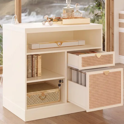 ModernMate Archivador lateral de 2 cajones, archivador de madera para oficina en casa con cerradura, tira de alimentación y estantes de