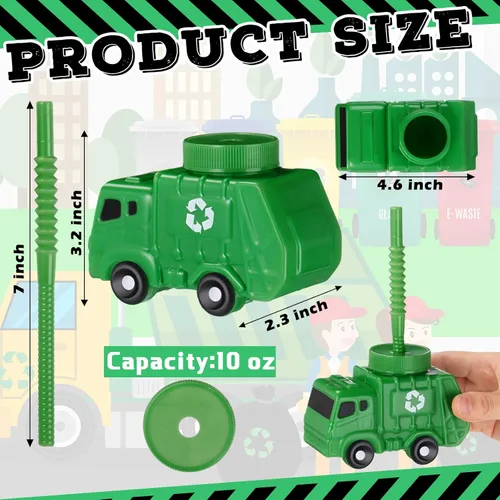 Miniatura 3 de Tanlade 12 juegos de tazas de basura con pajitas, decoraciones de fiesta de cumpleaños de camión de basura, 10 onzas de plástico con forma de coche