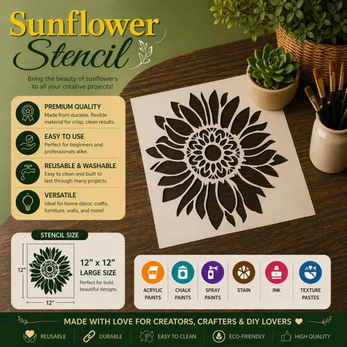 Miniatura 2 de Plantilla bohemia de girasol de 12 x 12 pulgadas para pintar sobre madera, lienzo, papel, tela y muebles, plantillas florales reutilizables