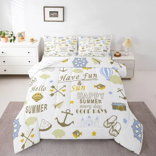 Miniatura 26 de Juego de edredón de casa del lago, tamaño individual, juego de ropa de cama con ancla náutica para niños, adolescentes y adultos, edredón retro