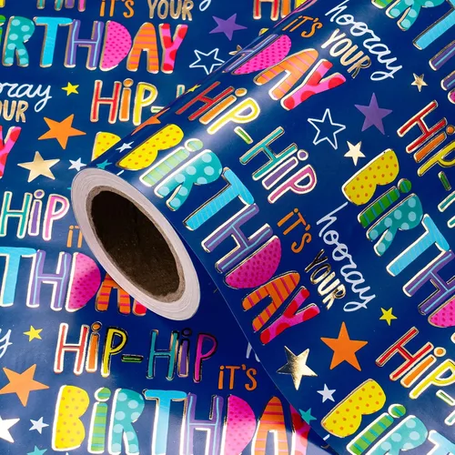 Miniatura 7 de WRAPAHOLIC Papel de regalo para cumpleaños - Rollo mini - 17 pulgadas x 16.5 pies - Papel de regalo azul dorado con foil brillante de feliz Azul